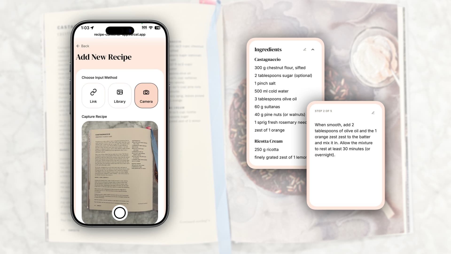 A smartphone photographing a cookbook recipe page.