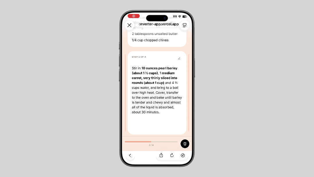 An animation showing long press activation of recipe voice assistant.